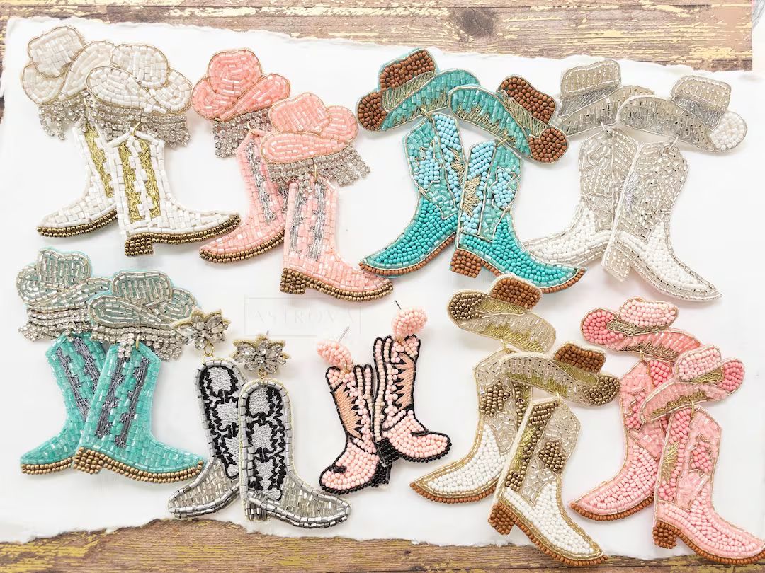 Cowgirl Boots Seed Bead Earrings Cowboy Boot Earrings Nashville Bachelorette Earrings Western Ear... | Etsy (US)