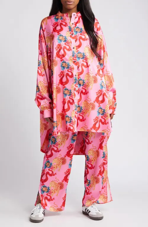 Dressed in Lala Dragon Satin Long Sleeve Top & Pants Set in Pink Dragon at Nordstrom, Size Small | Nordstrom