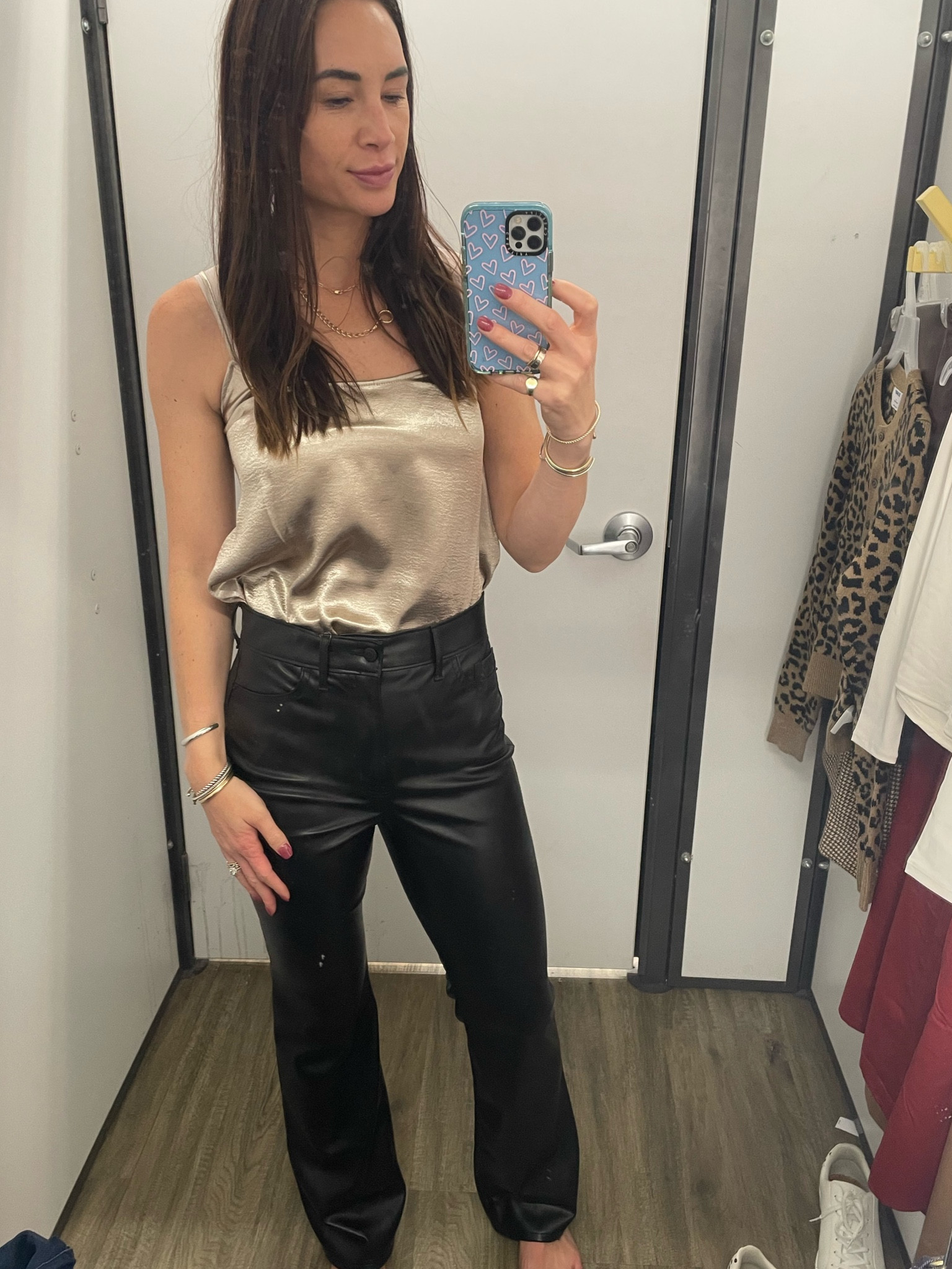 Satin camo and leather flare pants 

#LTKsalealert #LTKSeasonal #LTKparties