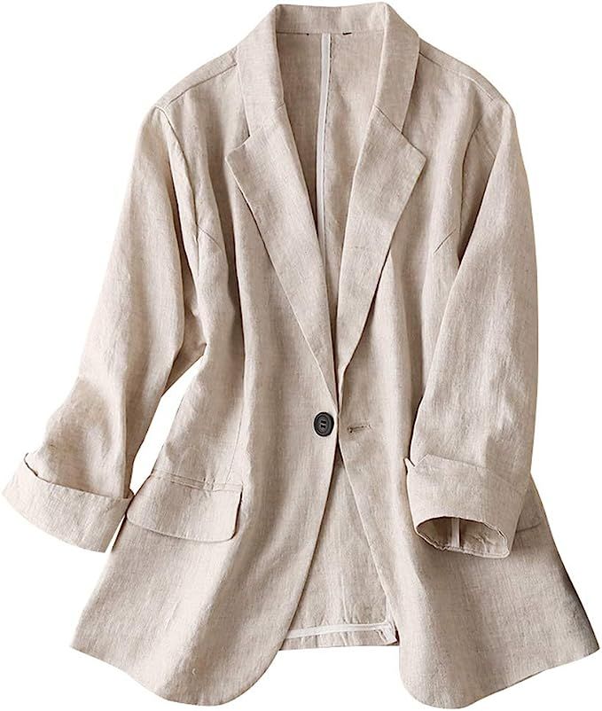 IDEALSANXUN Womens 100% Linen Blazer Notch Lapel One Button Suit Coat Jackets | Amazon (US)