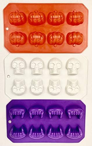 Halloween Fall themed Set of 3 Ice cube trays, candy mold, jello shot skull/fang/pumpkin shapes | Amazon (US)