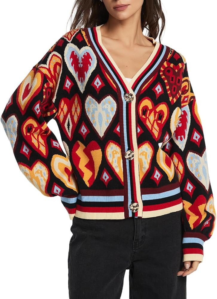 Women's Cute Sweater Cardigan Heart Print Cropped Button Open Front Cardigans V Neck Knitted Y2K ... | Amazon (US)