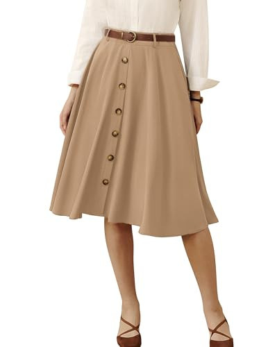 Belle Poque Women's Khaki High Waisted Skirt Stretch Knee Length Midi Skirt (Khaki, S) | Amazon (US)