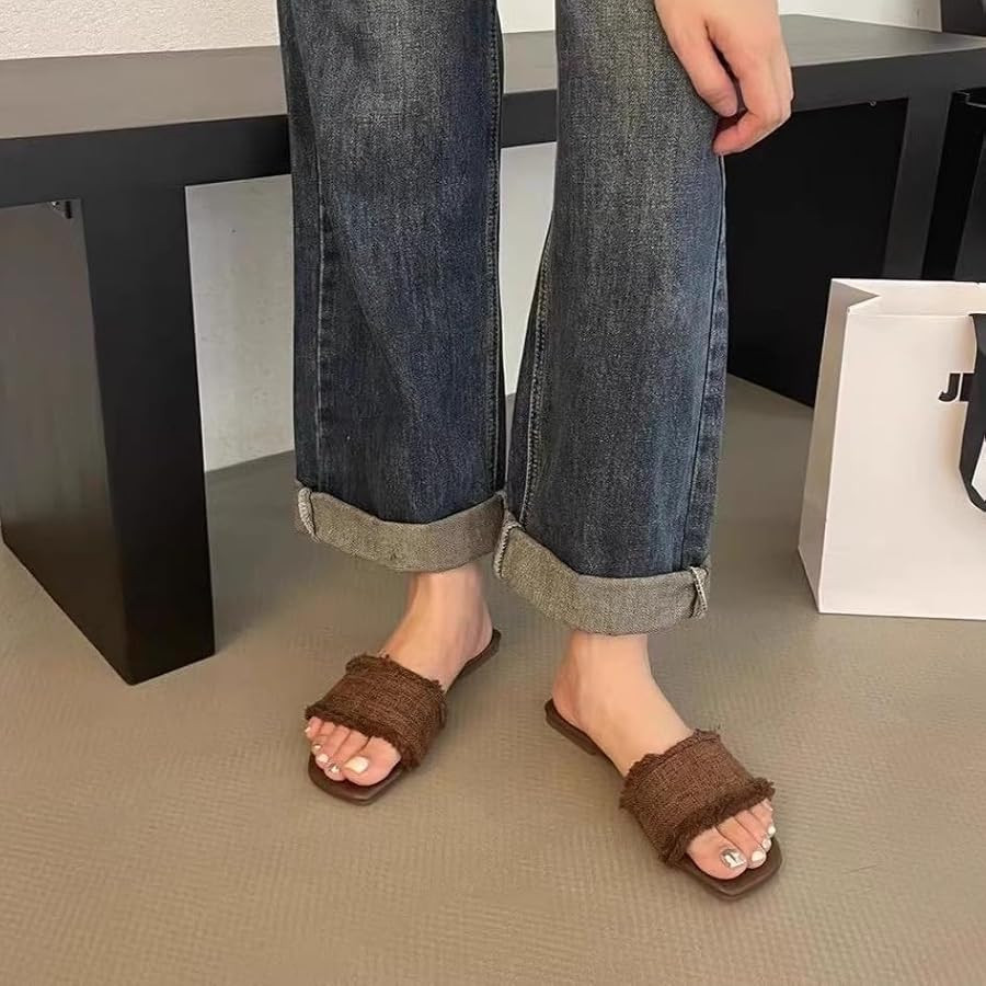 Amazon.com | Women's Fringe Sandals Slide On soft Flat Square open Toe Sandals Casual Summer Beac... | Amazon (US)