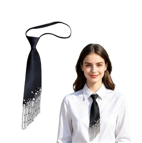 JIAHG Elegant Black Necktie Adjustable Pre-Tied Silk Necklace with Pearl Rhinestone Tassels for School Wedding Cosplay Party | Amazon (US)