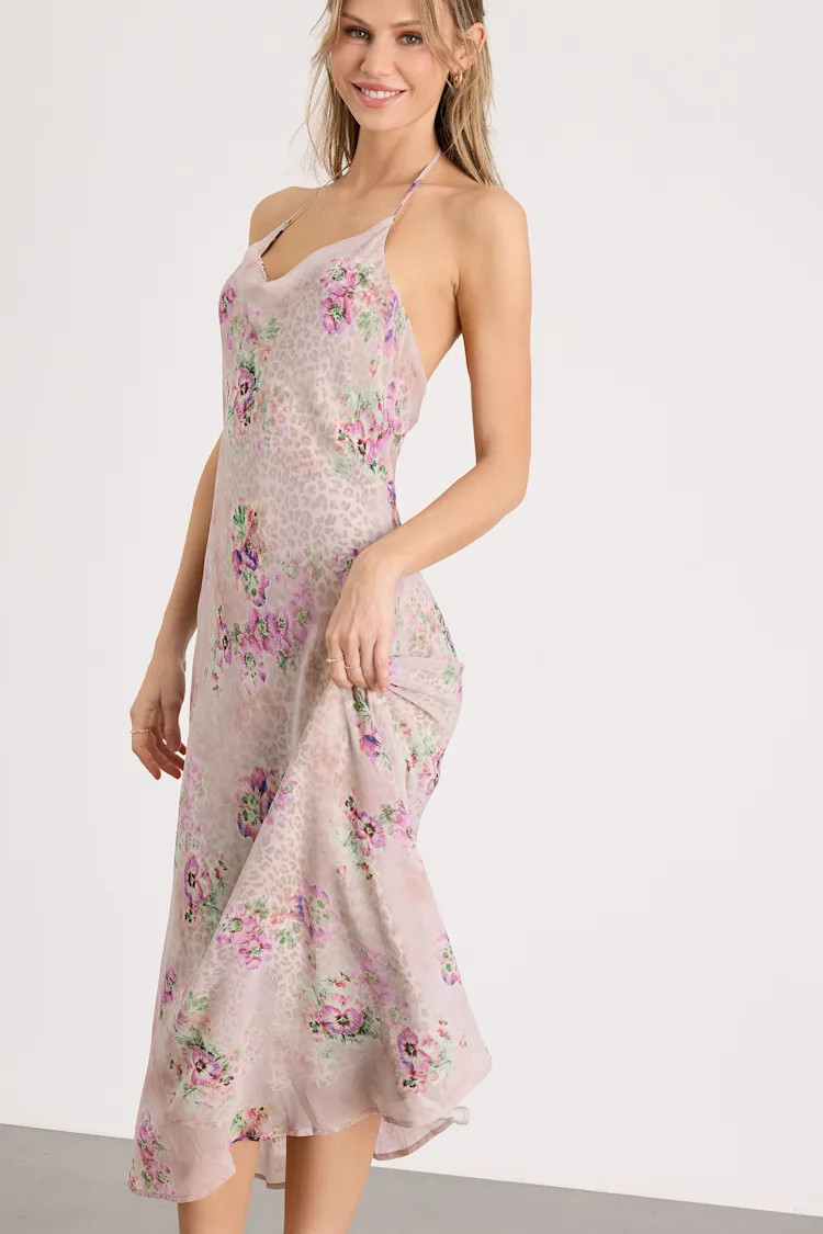 Antonella Blush Leopard Floral Print Halter Midi Dress | travel outfit | travel essentials  | Lulus