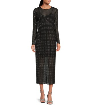 Tilly Rhinestone Mesh Crew Neck Long Sleeve Sheath Dress | Dillard's