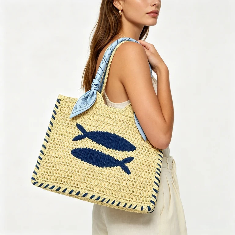 Straw Handbag with Fish Embroidery, Women's Beach Icons Mini Straw Tote Bag, Mini Summer Raffia T... | Walmart (US)