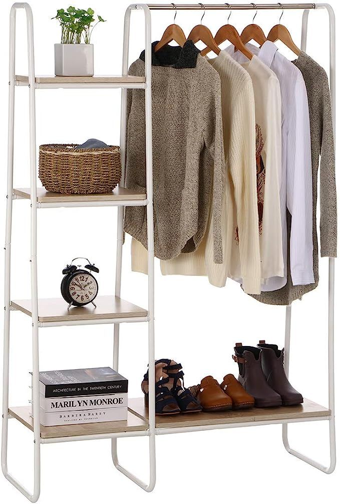 KINGSO Metal Garment Rack with Multi Wood Shelves, Multi-Functional Freestanding Storage Clothing... | Amazon (US)