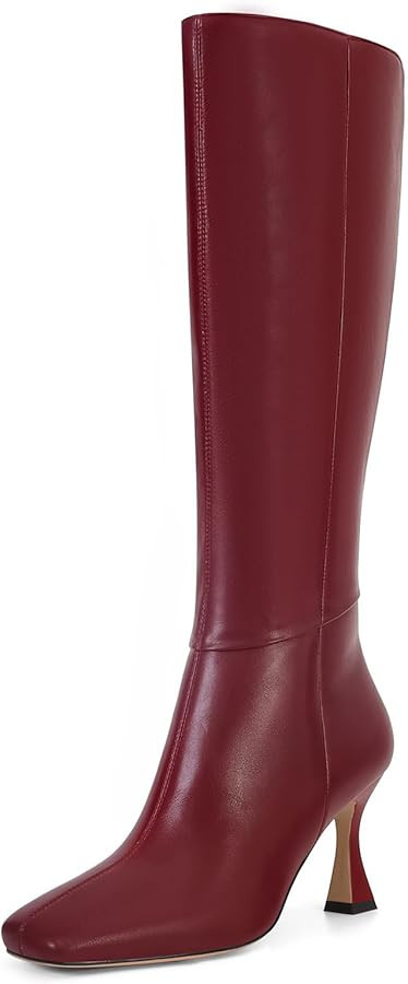 Dsevht Black Leather Knee High Boots for Women Stiletto Kitten Heeled Sexy Boots Square Toe and S... | Amazon (US)