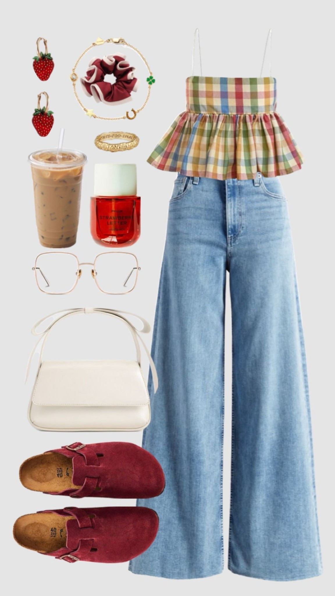 🍓Summer style has officially entered the chat!☀️ 

This colorful plaid peplum top + wide leg denim combo is the perfect casual cute outfit for iced coffee runs, farmers markets, or weekend brunch dates. Pair it with comfy burgundy suede clogs, a structured white handbag, and fun strawberry earrings for a playful twist. 🎀

✨Shop this entire look—perfect for summer outfits 2025, casual weekend style, and trendy comfy fashion for women!
👖 Wide leg jeans
👚 Peplum plaid top
👜 Minimalist white handbag
🩴 Birkenstock-style red clogs
🍓 Statement strawberry earrings
🥤 Iced latte energy, always

📲 Linked everything on my LTK! #LTKsummer #LTKfashion #casualoutfitideas #summeroutfitinspo #peplumtop #widelegjeans #Birkenstockdupes #aestheticoutfit #colorfulsummerstyle #brunchoutfitideas

#LTKSeasonal #LTKSummerEdit