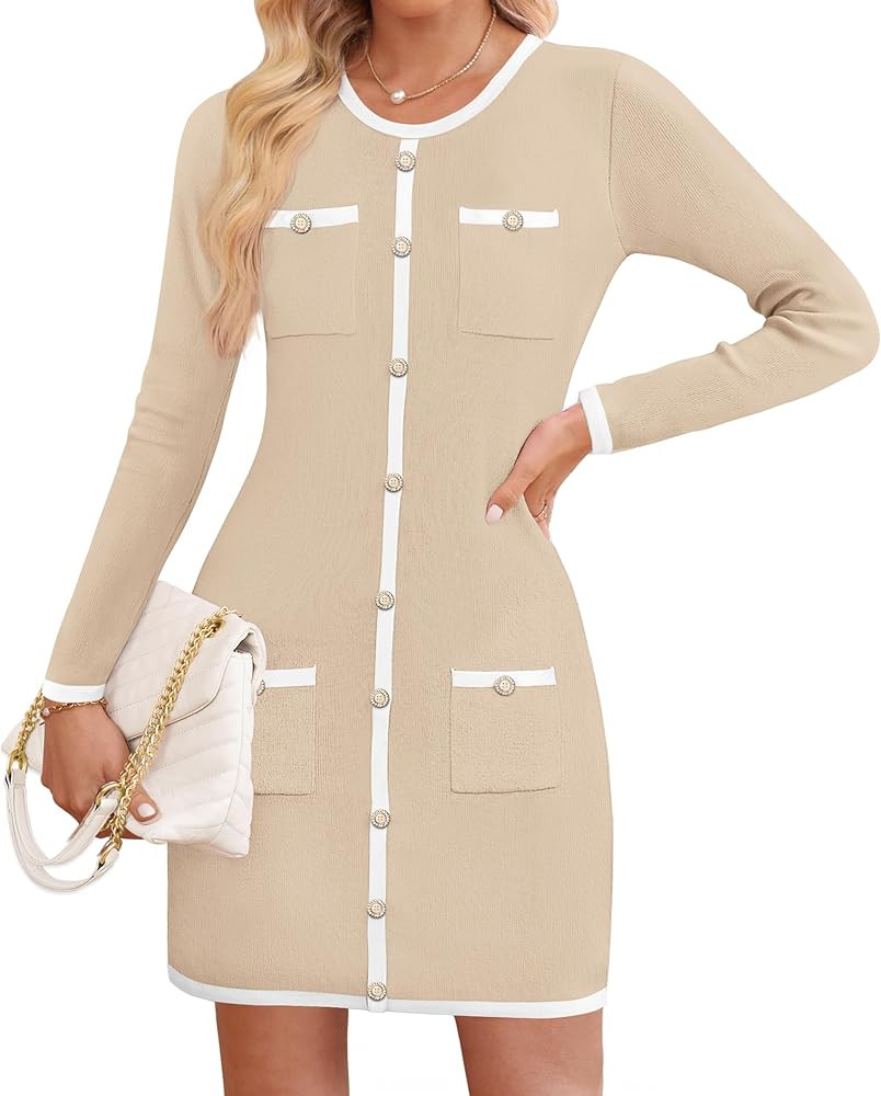 ZESICA Fall Dresses for Women 2024 Long Sleeve Button Color Block Knit Bodycon Short Sweater Dres... | Amazon (US)