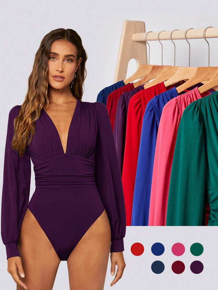 BizChic Ruched Lantern Sleeve Bodysuit Workwear | SHEIN