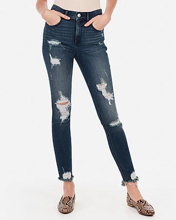 high waisted denim perfect curves ripped ankle leggings | Express