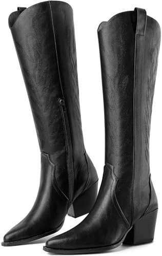 Susanny Black Cowboy Boots for Women Knee High Embroidered Western Cowgirl Boots for Womens Chunky Heel Pull on Pointed Toe Mid Low Heel Boots 9.5 | Amazon (US)