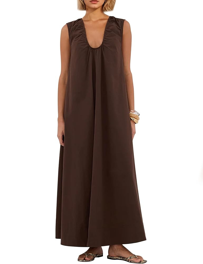 Women Sleeveless Ruched Maxi Dress Scoop Neck Long Elegant Dresses Wide Shoulder Strap Blouse Dre... | Amazon (US)
