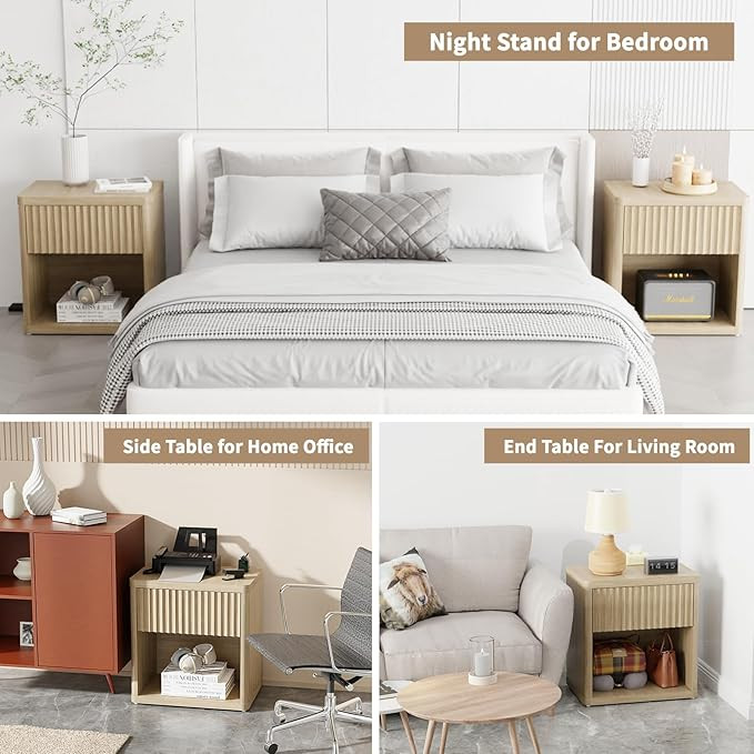 Large Modern Nightstand with Drawer Storage 22.8Inch Wide Fluted Bedside Table End Table for Bedr... | Amazon (US)