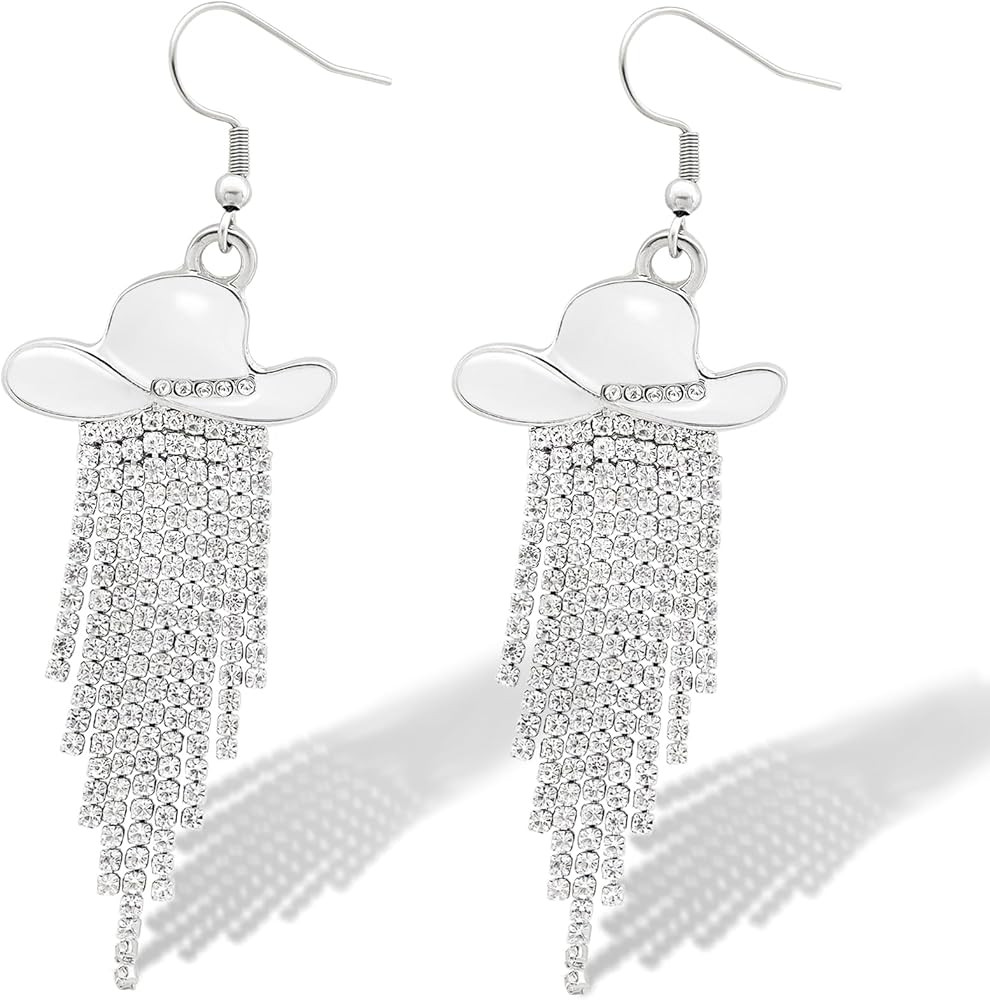 RechicGu Western Cowgirl Enamel Hat Sparkly Rhinestone Tassel Dangle Earrings Prom Country Concer... | Amazon (US)