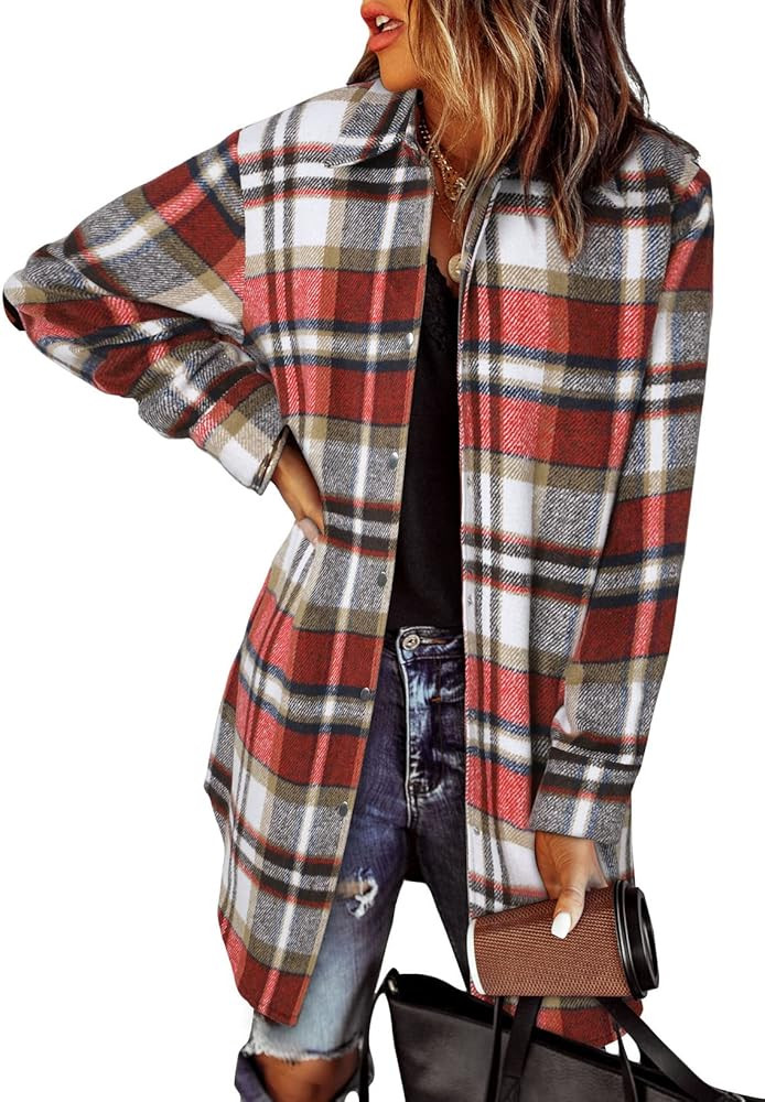 EVALESS Color Block Plaid Shacket Jacket Womens Fall Clothes Fashion Outfits | Amazon (US)