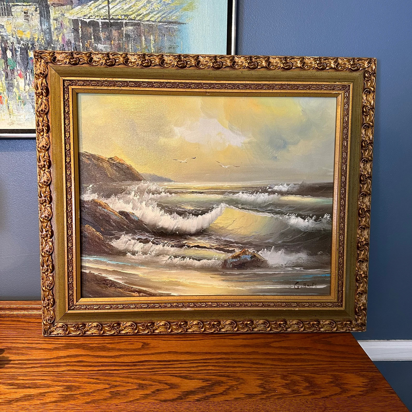 Vintage Oil Painting on Canvas - Seascape - Ocean - Signed G Hanks - Wood Ornate Frame | Etsy (US)