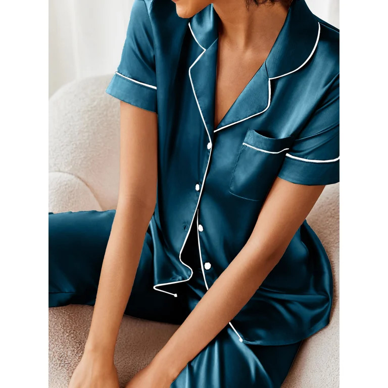 DAKIMOE Silk Satin Pajamas Set for Women Two-Piece Short Sleeve Shirt with Long Pajama Pant Set S... | Walmart (US)