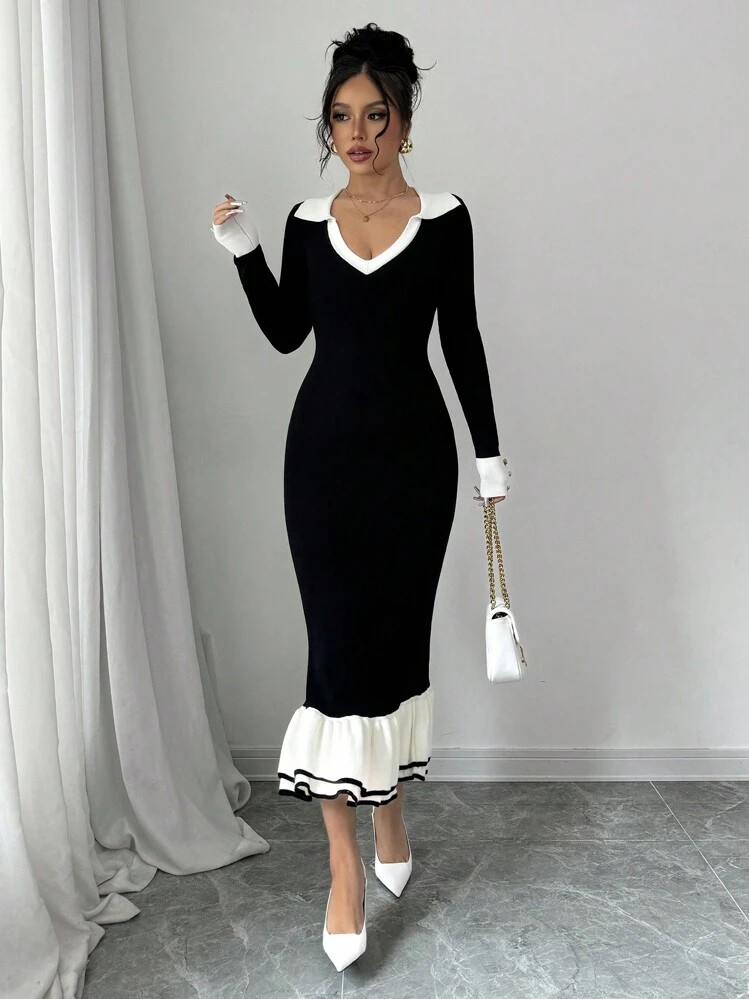 SHEIN Raffinéa Women Solid Color Splice V-Neck Long Sleeve Simple Casual Sweater Dress | SHEIN