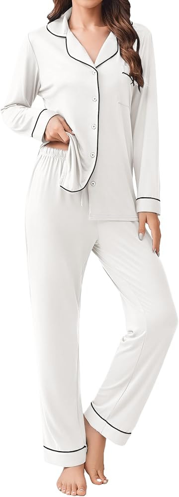 Ekouaer Womens Pajamas Set 2 Piece Button Down Pjs Soft Long Sleeve Top and Pants Sleepwear Set L... | Amazon (US)