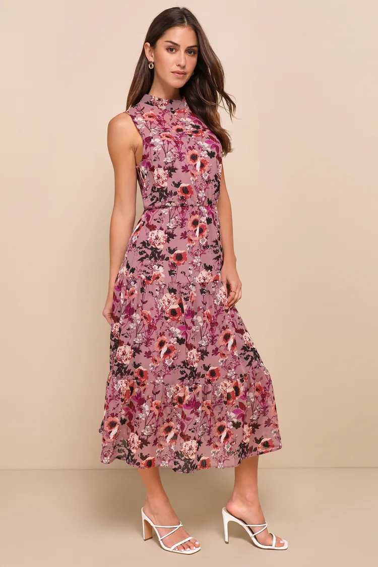In My Dreams Mauve Floral Print Midi Dress | Lulus