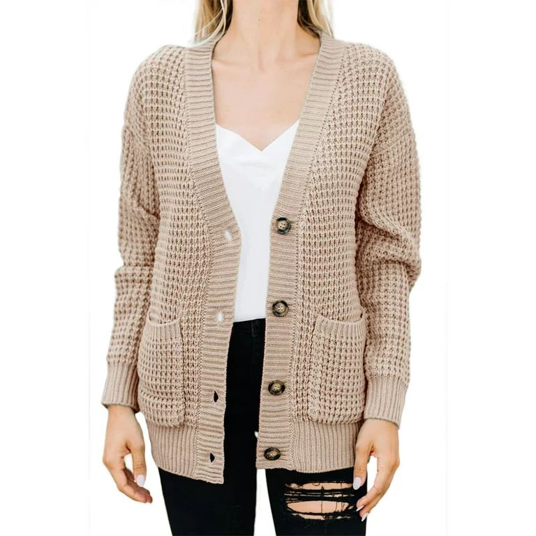 Womens Button Down Cardigans Open Front Long Sleeve Waffle Knit Sweaters Coat | Walmart (US)