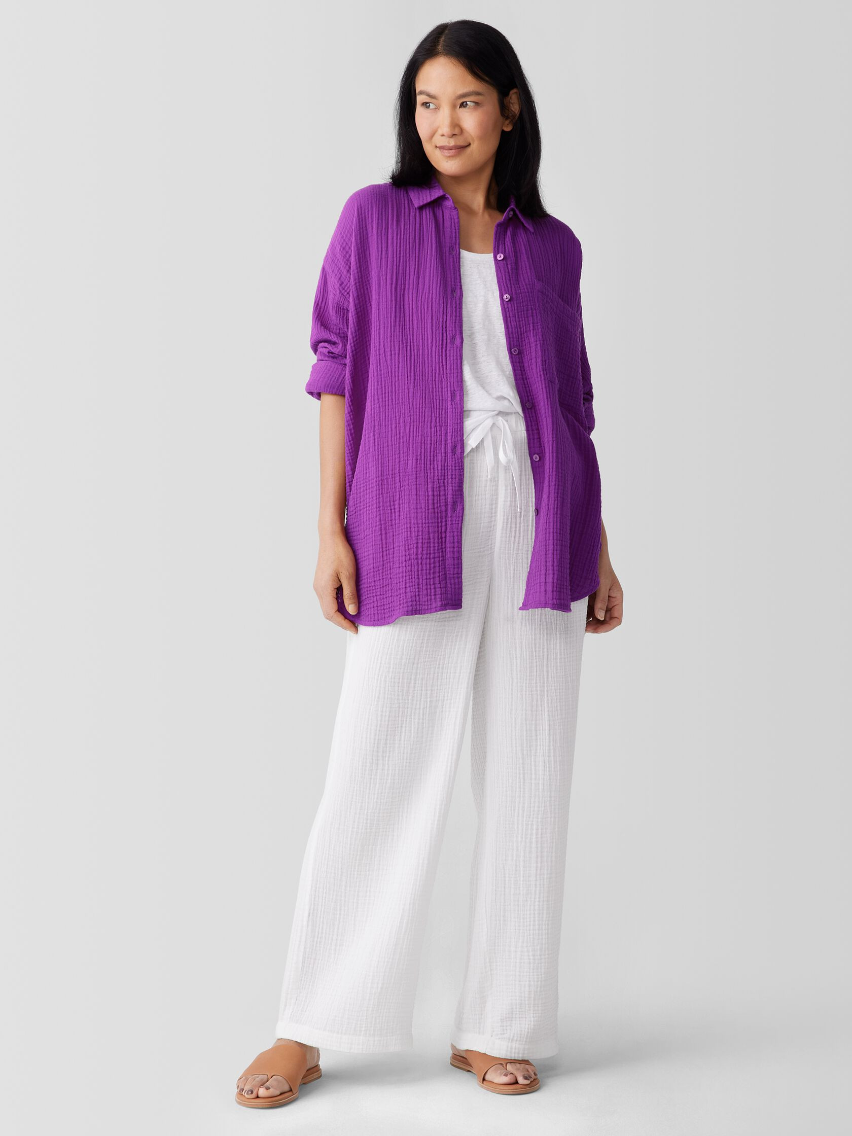 Organic Cotton Lofty Gauze Classic Collar Long Shirt | Eileen Fisher