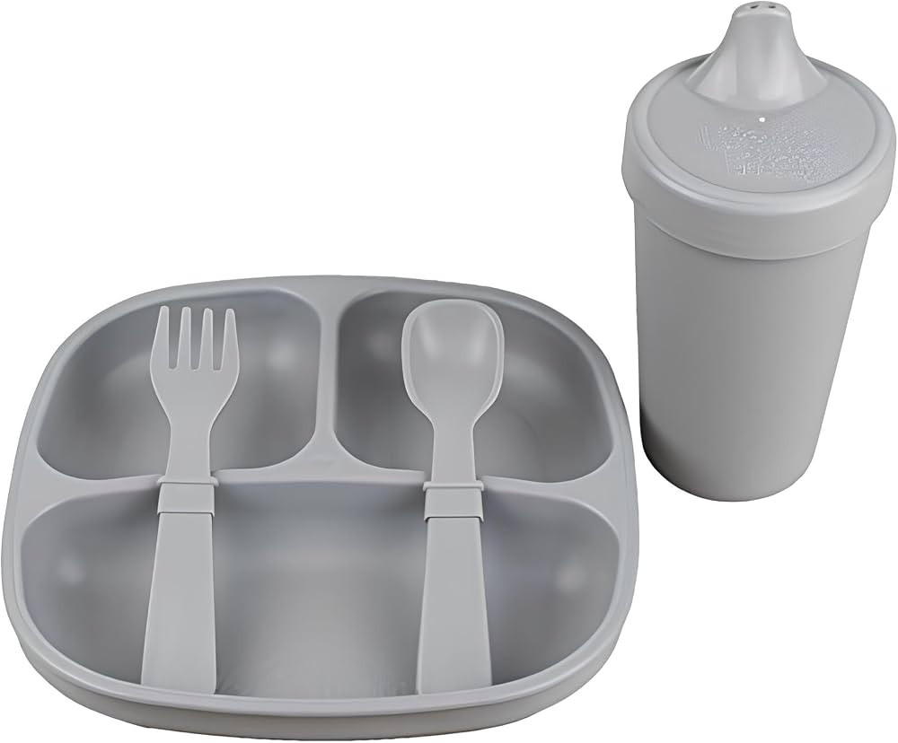 Re-Play Made in USA Toddler Dinnerware Set - No-Spill Sippy Cup, 7" Divided Plate, Rounded Tip Fork and Deep Scoop Spoon - Dishwasher/Microwave Safe Plastic Dinnerware Set - Grey | Amazon (US)