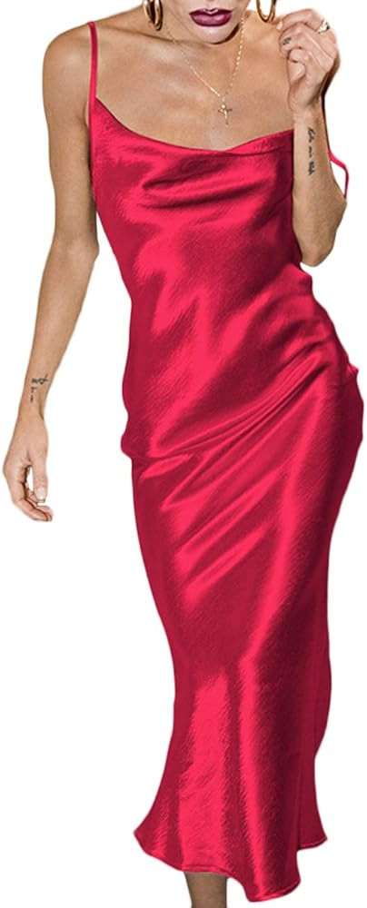 xxxiticat Women's Sleeveless Spaghetti Strap Satin Dress Cocktail Beach Evening Party Cowl Neck Dot  | Amazon (US)