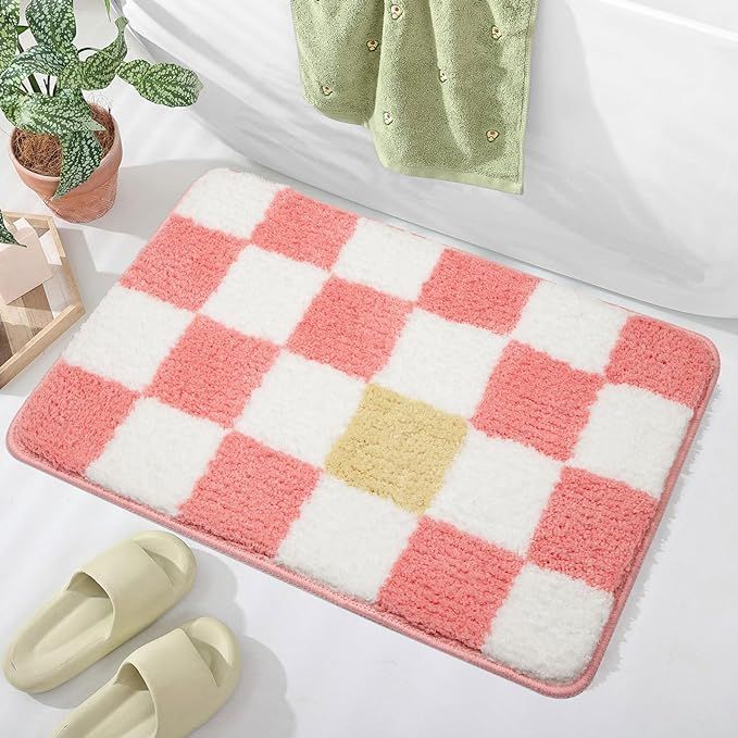 Bathroom Rugs, Pink Checkered Bath Mat, Extra Soft and Absorbent Microfiber Non-Slip Bath Rug, Ba... | Amazon (US)