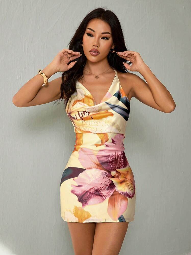 SHEIN PETITE Women's Print Plunging Neck Spaghetti Strap Backless Mini Dress | SHEIN