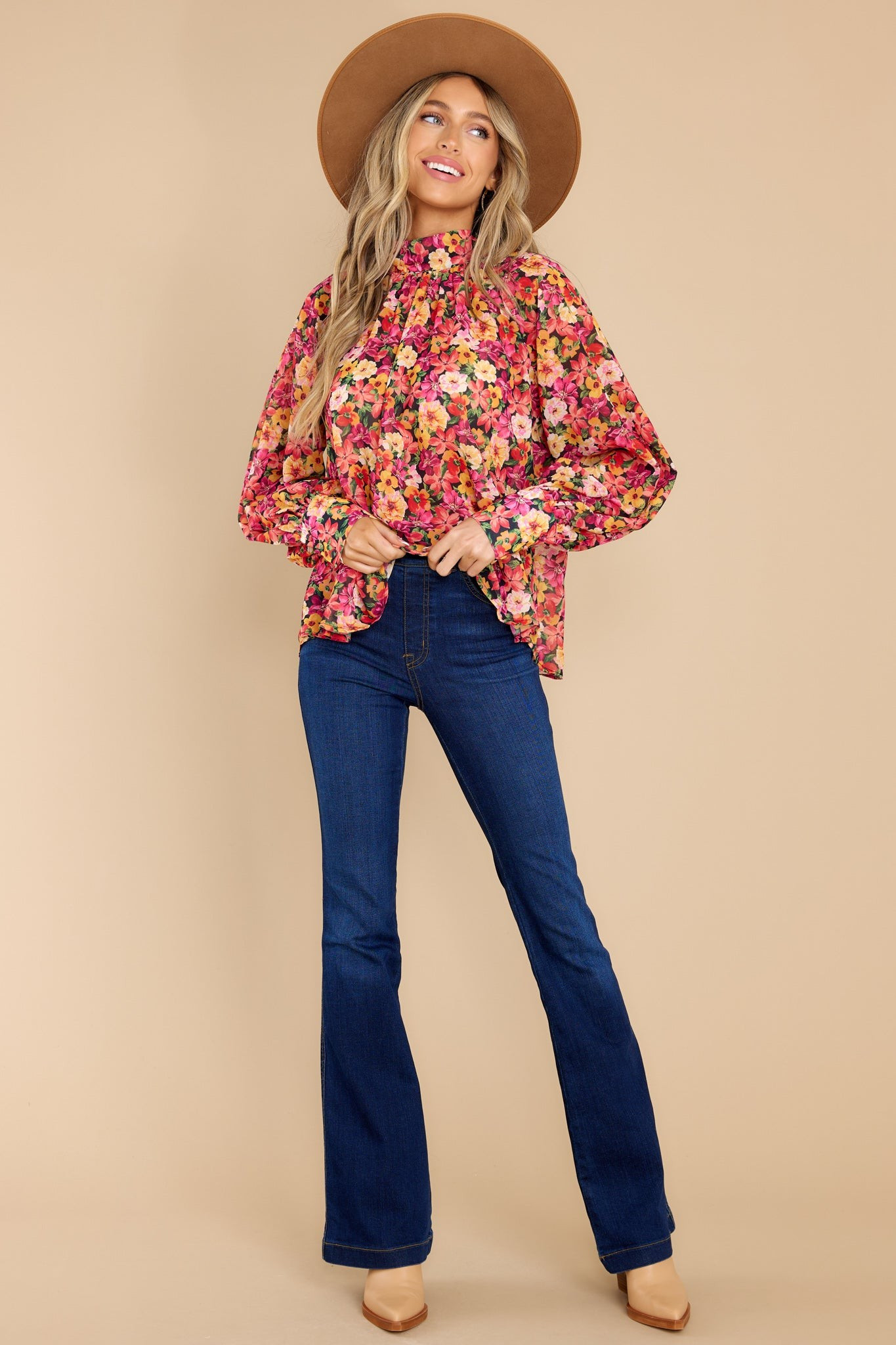 Beautiful Borders Orange Multi Floral Print Top | Red Dress 