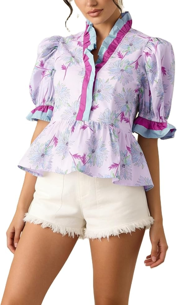 Amiblvowa Women Flutter Puff Sleeve Peplum Tops Y2K Boho Floral Ruffle Babydoll Blouse V Neck Cut... | Amazon (US)