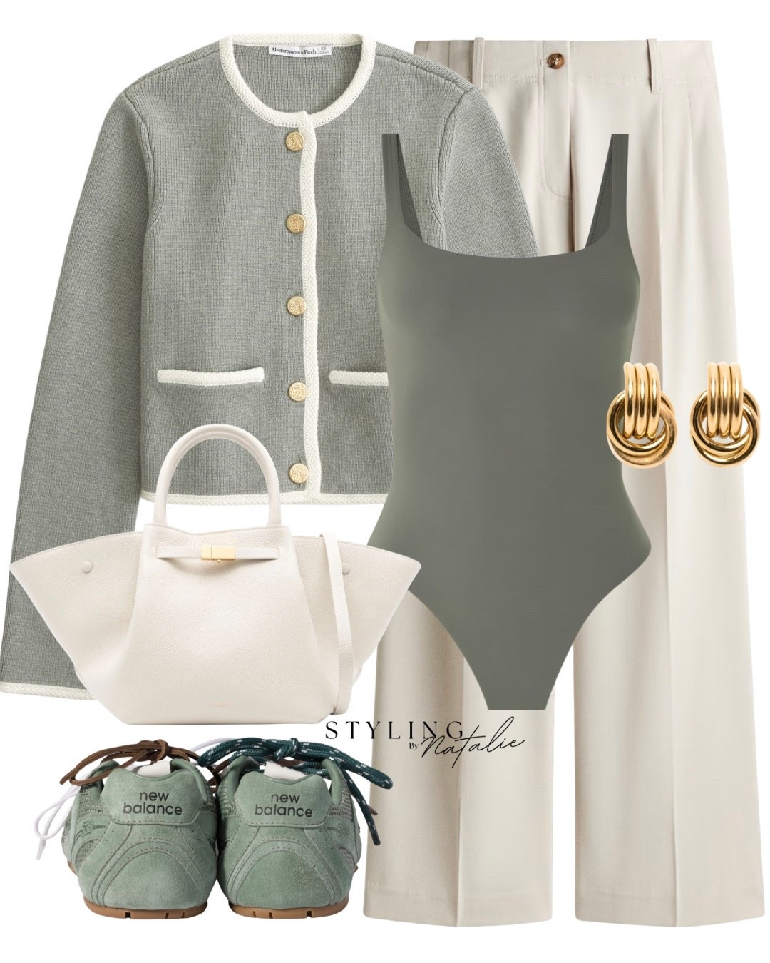 Spring workwear outfit, sage green cardigan with contrast trim and gold buttons, square neck bodysuit, tailored trousers, demellier tote bag, gold earrings and statement Miu Miu/New Balance sneakers. Casual chic, smart casual, spring look OOTD, London style, business casual

#LTKspring #LTKstyletip #LTKworkwear