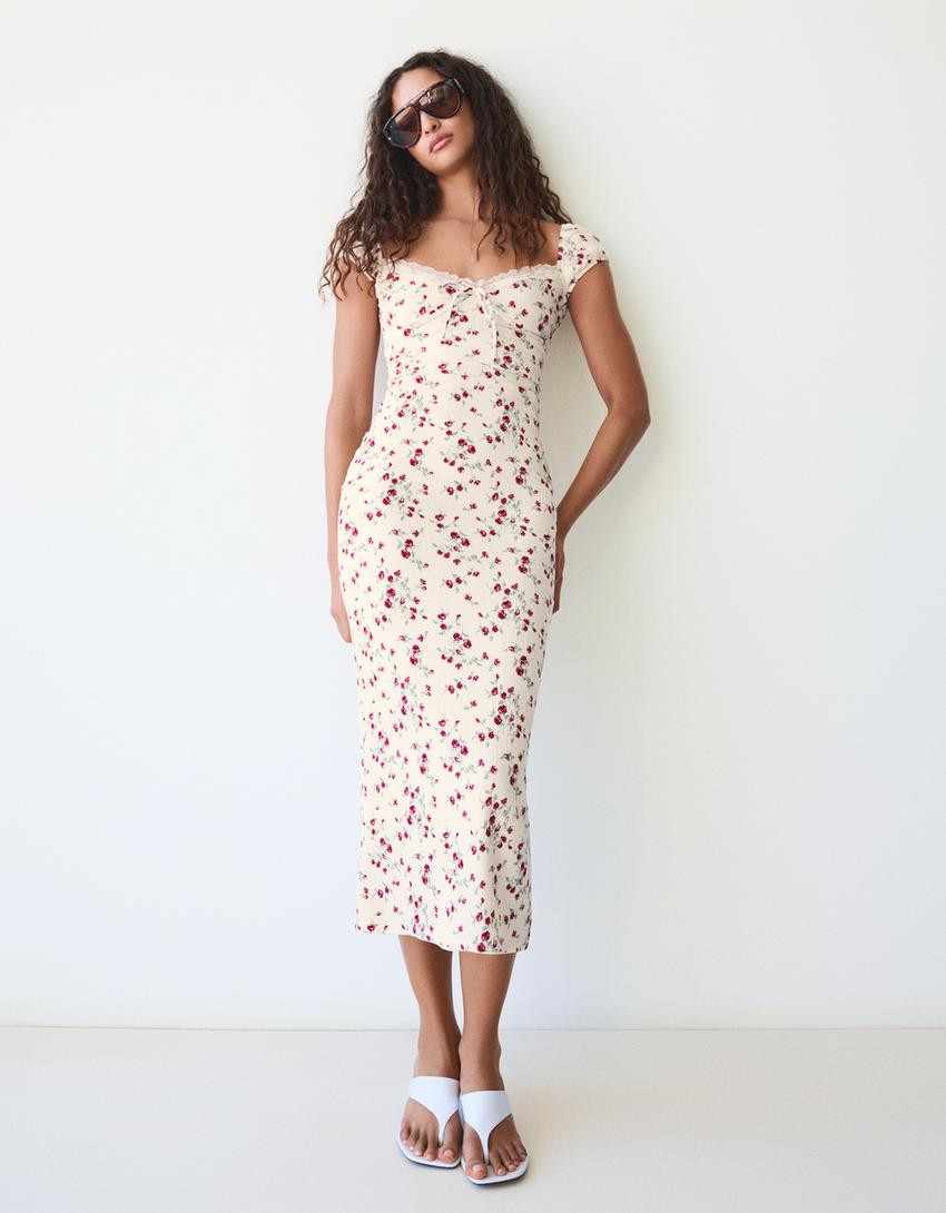 Lace crinkle midi dress - Women | Bershka UK