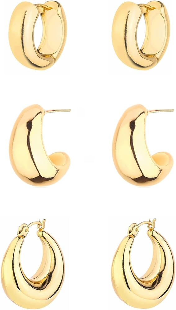 Gold Chunky Hoop Earrings Set for Women, 14K Gold Plated Twisted Huggie Hoop Earring Hypoallergen... | Amazon (US)