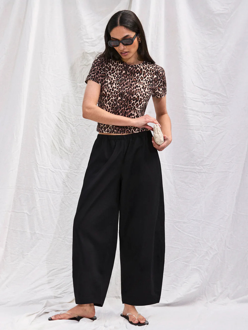 Black Cotton Barrel Leg Trousers | Ro&Zo