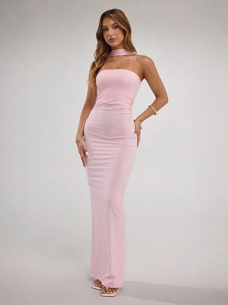 SHEIN BAE Women's Elegant Solid Color Backless Halter Dress,Pastel Dresses For Women  | SHEIN