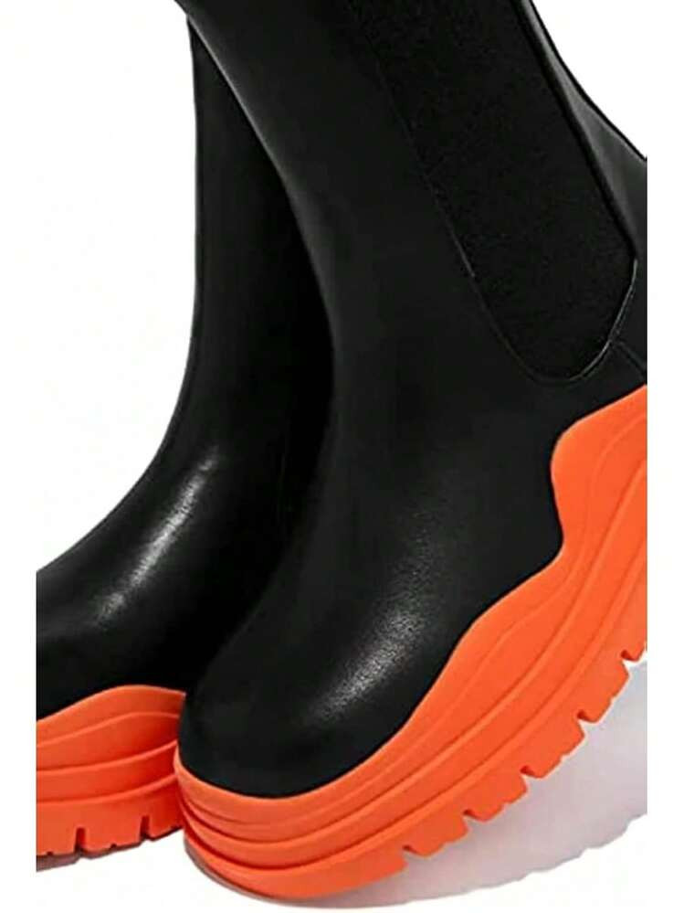 Women Platform Chelsea Bootie,Fashion Mid Calf Boots Chunky Double Heel Round Toe Slip Thick Sole... | SHEIN