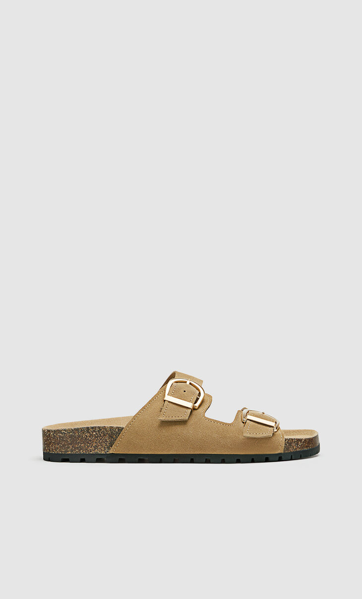 Flache Ledersandalen mit Schnallen - Leder für Damen | Stradivarius Deutschland | Stradivarius DE