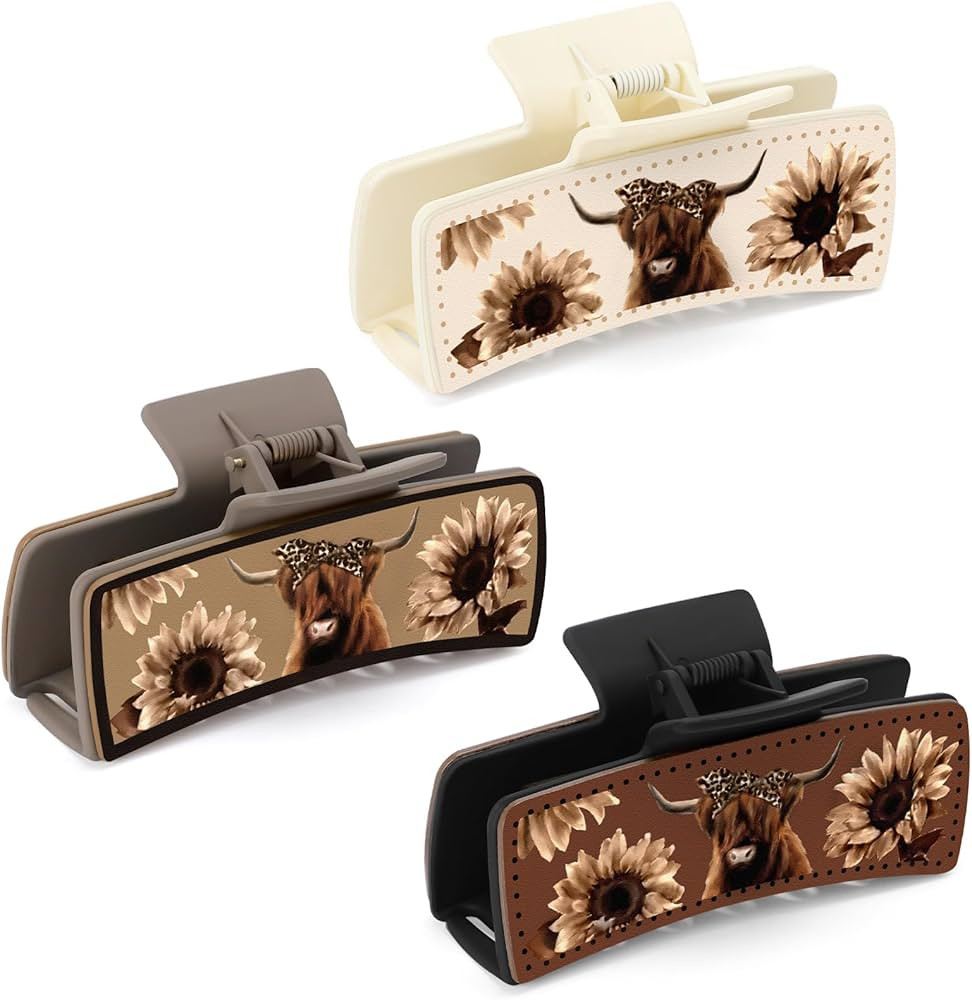 CiyvoLyeen Highland Cattle Hair Claw Clips 4" Large Hairpins for Women Matte Leather Floral Scott... | Amazon (US)