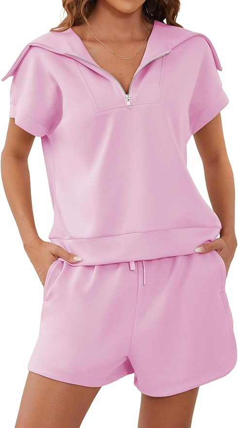 Meladyan Women Two Piece Outfits Tracksuit Half Zip Lapel Cap Sleeve Sweatshirt High Waist Drawst... | Amazon (US)