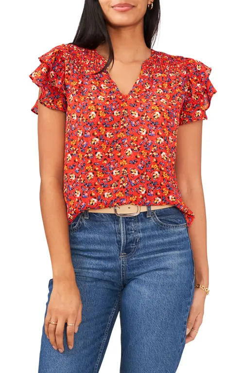 Vince Camuto Smocked Yoke Ruffle Sleeve Blouse in Cherry Red at Nordstrom, Size Large | Nordstrom