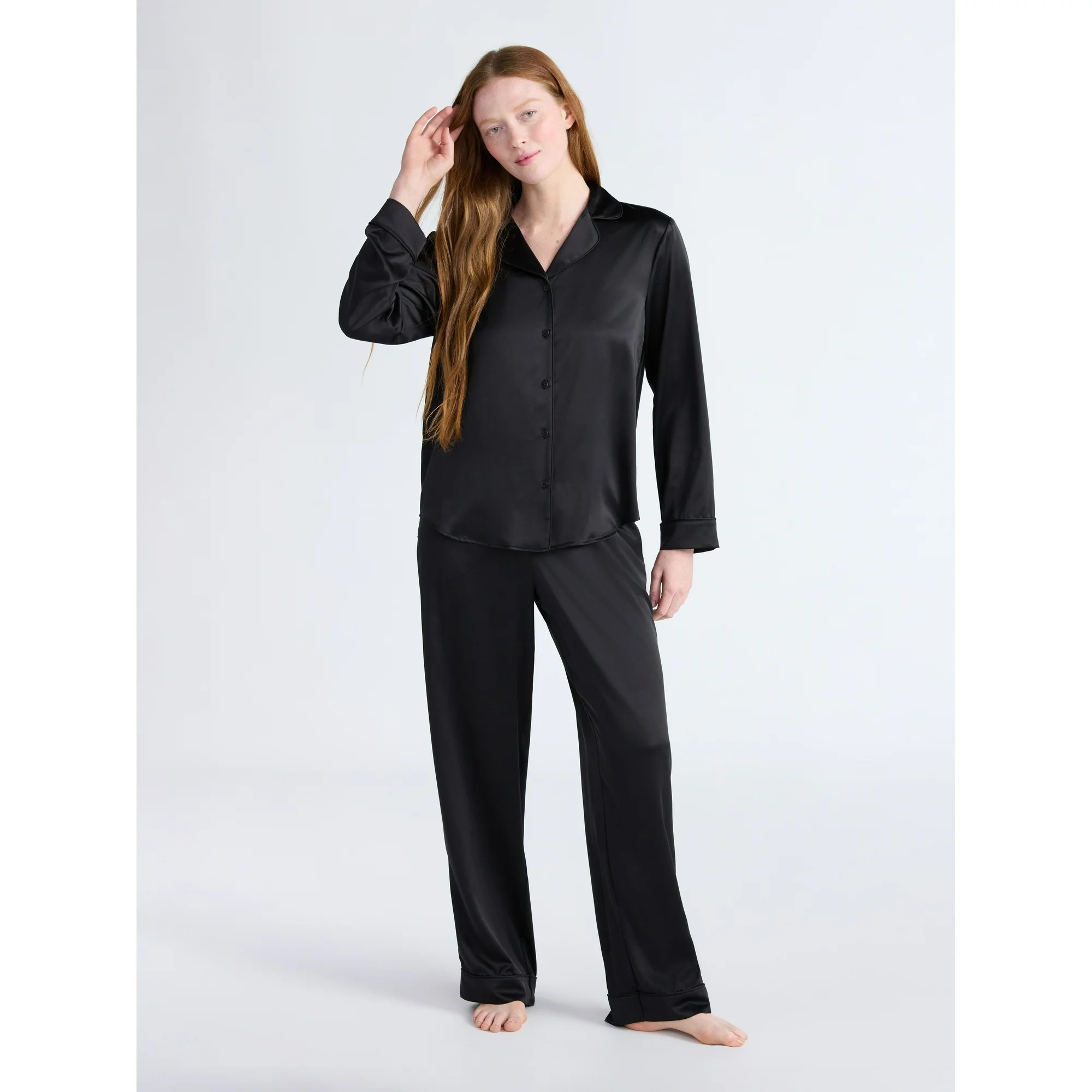 Joyspun Women’s Stretch Satin Notch Long Sleeve Top and Pants Pajama Set, 2-Piece, Sizes XS-3X | Walmart (US)