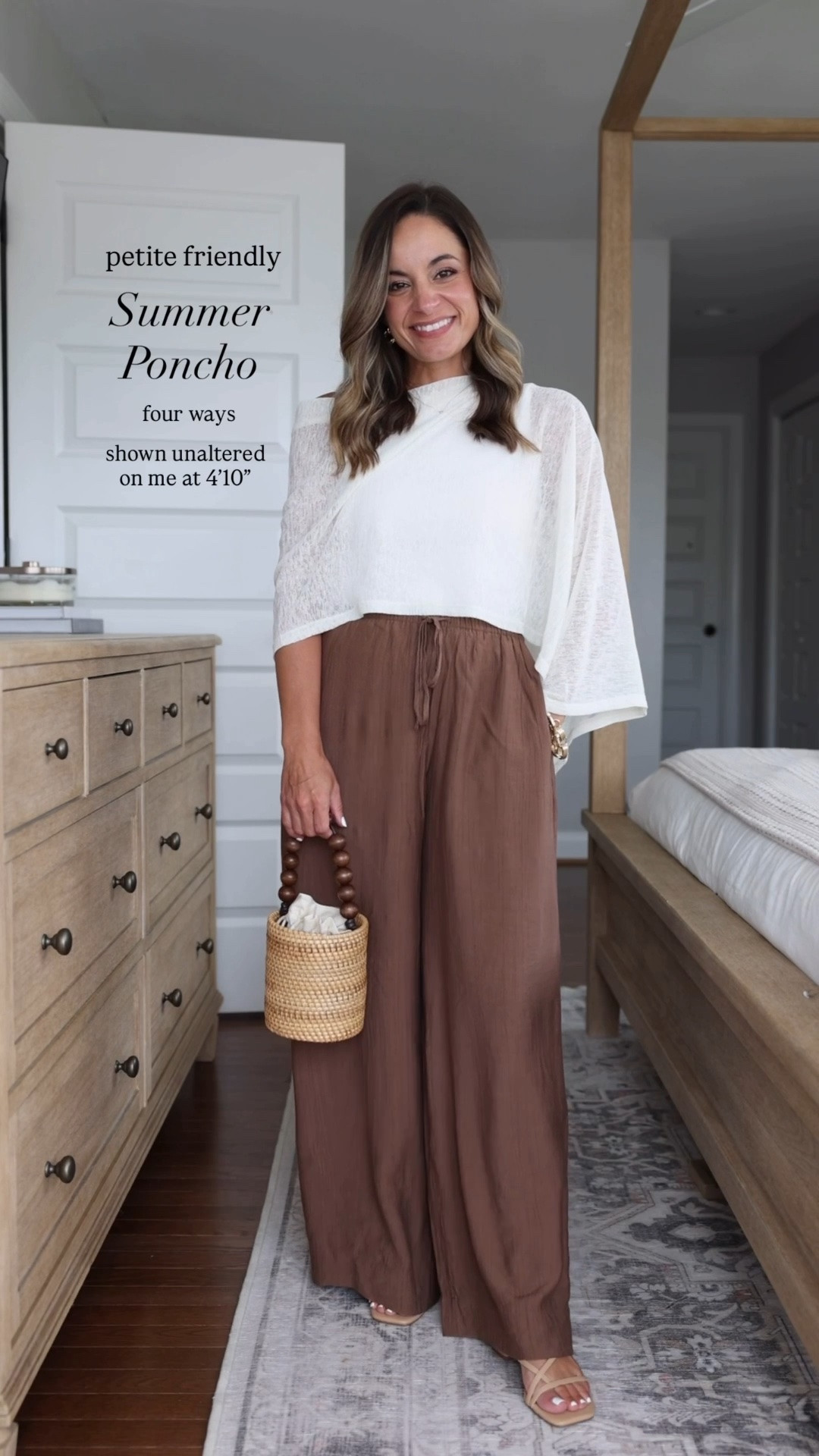 Four outfit ideas with a summer poncho 

Poncho (free people) one size - well proportioned for petites 

Outfit 1 
Pants (Abercrombie): xxs short / 28.5” inseam, I need a heel 
Tank top (Quince): xs 
Heels (Dolce Vita): true to size, tight on toes 

Outfit 2 
Shorts (Aritzia): xs 
Tank top (Quince): xs 
Sandals (Sam Edelman): true to size 

Outfit 3 
Skirt (Abercrombie): petite xxs 
Tank top (Quince): xs 
Heels (Dolce Vita): true to size, tight on toes

Outfit 4 
Dress (Athleta): petite xs 
Heels (Dolce Vita): true to size, tight on toes

#LTKPetite
