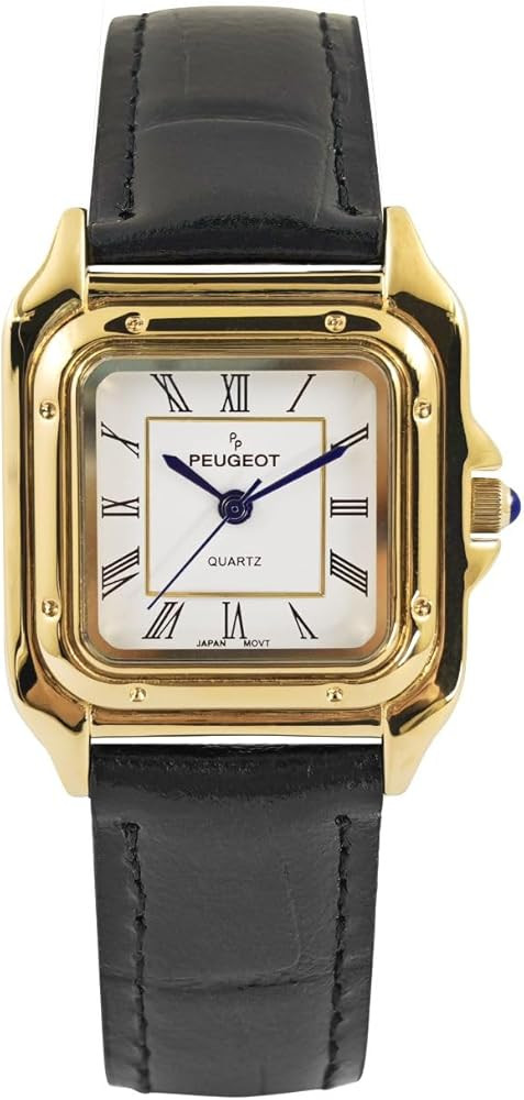 Peugeot Women's 14K Gold-Plated Tank Shape Leather Strap Watch | Amazon (US)