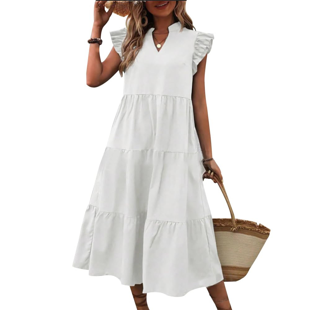 Summer Dresses for Women V Neck Cap Sleeve Ruffle Hem Long Dress Smock Dress High Waist Ruffle Ti... | Amazon (US)